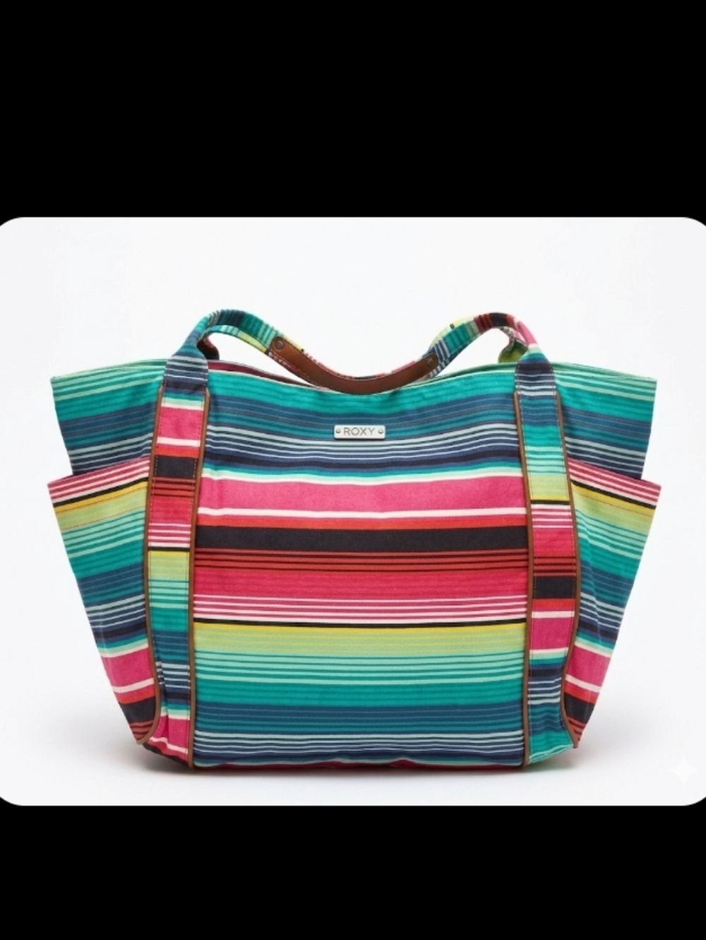 Roxy Multicolor Red Blue Teal Striped Beach Satchel Tote Bag, Medium